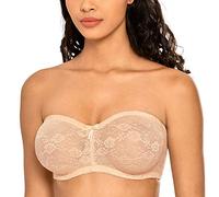 DOBREVA Women's Strapless Bras See Through Sheer Lace Non Padded Underwired Multiway Bra Beige 34D