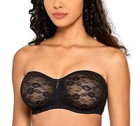 DOBREVA Women's Strapless Bras See Through Sheer Lace Non Padded Underwired Multiway Bra Black 36E