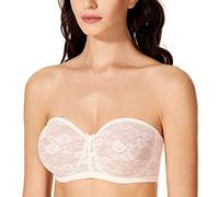 DOBREVA Women's Strapless Bras See Through Sheer Lace Non Padded Underwired Multiway Bra Rose White 42DD