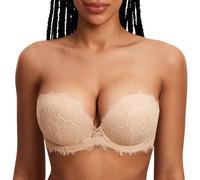DOBREVA Women's Strapless Push Up Bra Lace Underwire Padded Plunge Silicone Bandeau Bra Beige 36A