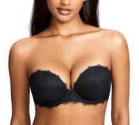 DOBREVA Women's Strapless Push Up Bra Lace Underwire Padded Plunge Silicone Bandeau Bra Black 40D