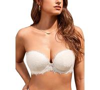 DOBREVA Women's Strapless Push Up Bra Lace Underwire Padded Plunge Silicone Bandeau Bra Coconut White 32D