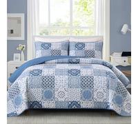 Dobuyly Blue Quilt Set Queen Size, Boho Mineral Blue Plaid Patchwork Bedspreads Coverlet Set, 3 Pieces Soft Lightweight Microfiber Quilt Bedding Set for All Seasons 96"x90"