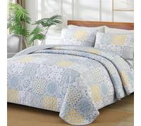 Dobuyly Queen Quilt Set 3 Pieces, Blue/Yellow/Grey Patchwork Bedspreads, Boho Summer Coverlet Set, Soft Lightweight Microfiber Bedding Set for All Seasons 96"x90"
