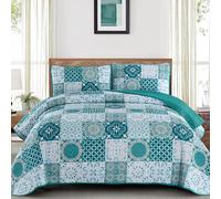 Dobuyly Teal Quilt Set King Size, Boho Turquoise Plaid Patchwork Bedspreads Coverlet Set, 3 Pieces Soft Lightweight Microfiber Bohemian Quilt Bedding Set for All Seasons 110"x90"