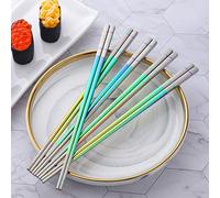 DOCBLACK Stainless Steel Chopsticks with Chopstick Case, 5 Pairs Reusable Chopsticks Dishwasher Safe, Chopsticks Spoon Fork Utensils Storage Box, Square Lightweight Non-Slip Chopsticks Set -Rainbow