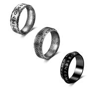 Dochais 3PCS Stainless Steel Viking Rings for Men, Black Mens Rings, Norse Viking Runes Vintage Ring Celtic Runes Ring Nordic Ring Band Jewelry Gift for Men Women, Stainless Steel, No Gemstone