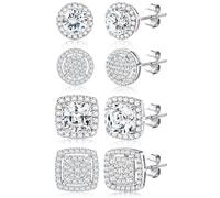 Dochais 4 Pairs Cubic Zirconia Stud Earrings for Women Men Hypoallergenic 925 Sterling Silver Post Earrings 14K Gold Plated Round & Square Brilliant Simulated Diamond Earring Studs Silver