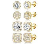 Dochais 4 Pairs Cubic Zirconia Stud Earrings for Women Men Hypoallergenic 925 Sterling Silver Post Earrings 14K Gold Plated Round & Square Brilliant Simulated Diamond Earring Studs Gold