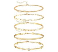 Dochais 5Pcs Gold Bracelet for Women, 18K Gold Plated Stacking Bracelets Rope Cuban Figaro Herringbone Bead Chain Bracelets Adjustable CZ Link Gold Bracelet Set for Women Girls
