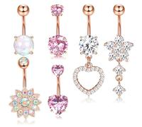 Dochais 6PCS Surgical Stainless Steel Dangle Pink Belly Button Rings for Women Heart Flower Cubic Zirconia Dangling Belly Button Piercing Navel Piercings Pack, Stainless Steel, cubic zirconia