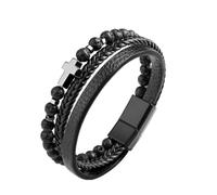 Dochais Men's Cross Leather Bracelets, Real Leather, Stainless Steel, Jesus Christ Crucifix Bracelet with Magnetic Clasp, Natural Stone, Braided Jewellery, Gifts for Men, 21cm, PU, No Gemstone