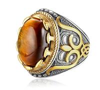 Dochais Retro Large Tiger Eye Stone Mens Ring Turquoise Vintage Ring for Men Oval Gemstone Stainless Steel Ring (Gold, X 1/2)