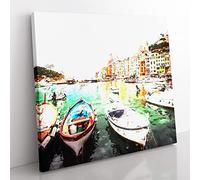 Docked Boats in Portovenere Italy in Abstract Modern Canvas Wall Art Print Ready to Hang, Framed Picture for Living Room Bedroom Home Office Décor, 50x50 cm (20x20 Inch)