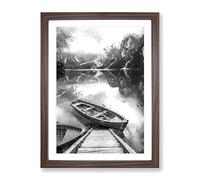 Docked Rowing Boat In The Mountains Modern Framed Wall Art Print, Ready to Hang Picture for Living Room Bedroom Home Office Décor, Walnut A3 (34 x 46 cm)