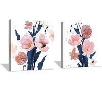 DOCLY&WOPL Blush Pink Flowers Wall Decor Pink and Navy Blue Canvas Wall Art Painting Print Bedroom Living Room Modern Floral Art Woman Room Decoration