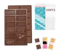 DOCMON Chocolate Molds, 2Pcs Mini Silicone Chocolate Mold with 100Pcs Bags, Break Apart Non-stick Thick Chocolate Bar Mold Candy Molds Wax Melt Molds for Chocolate Bar