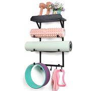 DOCMON Yoga Mat Holder Wall Mount,17" x 28" Yoga Mat Rack Home Gym Accessories, Storage for Foam Roller, with Wood Floating Shelves for Hanging Yoga Strap and Resistance Bands