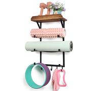 DOCMON Yoga Mat Holder, Wall Mount Yoga Mat Rack Home Gym Accessories, Storage for Foam Roller, with Wood Floating Shelves and 5 Hooks for Hanging Yoga Strap and Resistance Bands