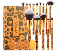 Docolor Leopard Makeup Brushes 14 Pieces with 4 Pieces Finger Puffs Professional Make up Brushes Set Premium Synthetic Kabuki Foundation Blending Brush Face Powder Blush Concealers Eye Shadows