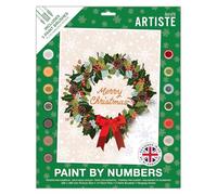 DOCRAFTS ARTISTE Large Paint by Numbers, Christmas Wreath, Christmas Craft, 395x295mm Board 14 Acrylic Colour Paint 3 Size Brush Set, Adults, Hobbies Craft, Number Coded Design, Personalised Art