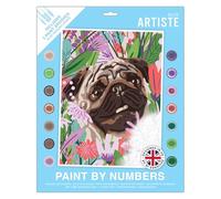 DOCRAFTS ARTISTE Large Paint By Numbers, Floral Pug, Animal Painting Craft, 395x295mm Board 14 Acrylic Colour Paint 3 Size Brush Set, Adults Craft, Hobbies Craft, Number Coded Design, Personalised Art
