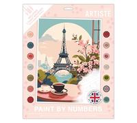 DOCRAFTS ARTISTE Large Paint by Numbers, Parisian Coffee, Summer Craft, 395x295mm Board 14 Acrylic Colour Paint 3 Size Brush Set, Adults Craft, Hobbies Craft, Number Coded Design, Personalised Art