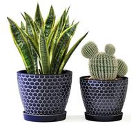Docrin Blue Honeycomb Ceramic Plant Pot Set - 6.6"+5.5" Inch, Modern Decorative Planters with Drainage Holes & Saucers for Indoor/Outdoor Home Office