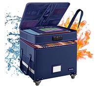 DocSafe File Box with Lock, 2-Layer Fireproof Document Box with Wheels, Collapsible Container with Pockets, Large Portable Office Filing Cabinet Hanging Folders, Blue, 16 x