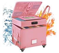 DocSafe File Box with Lock, 2-Layer Fireproof Document Box with Wheels,Collapsible Rolling File Storage Organizer Box with Pockets,Large Portable Home Office Filing Cabinet for Hanging Folders,Pink