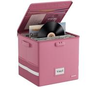 DocSafe Vinyl Record Storage Box with Lock, Fireproof＆Water Resistant Record Organizer for 100+ Single Records(12-inch), Collapsible Storage Crate with Lid&Handles for Valuable Album Collection,Pink