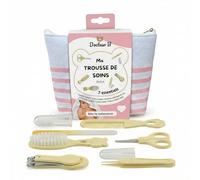 Docteur B Baby Care Kit with 7 Essentials | Nail Clippers, Secure Scissors, Brush, Comb, File, Nose Clip | From Birth | Portable Toiletry Kit | Striped Pouch Included (Pink)