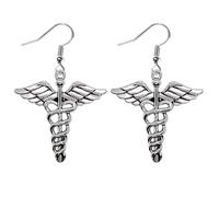 Doctor Caduceus Symbol Earrings Medicine Hospital Earring Pair Paramedic Medical Student Gift Ambulance Logo Healing Health Nurse Jewellery Drop Dangle Snake Wings Silver