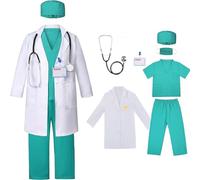 Doctor Costume Kit Pretend Play Dress-Up Set With Scrubs Pants Lab Coat Stethoscope ID Card For Kids Girls 3-10 Years