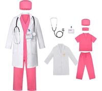 Doctor Costume Kit Pretend Play Dress-Up Set With Scrubs Pants Lab Coat Stethoscope ID Card For Kids Girls 3-10 Years