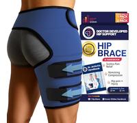 Doctor Developed Stabilizing Hip Brace for Women & Men, Breathable Thigh Support for Muscle Recovery and Hip Pain Relief, Hamstring Compression Sleeve with Handbook Included - Right Leg (L/XL, Navy)