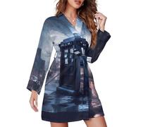 Doctor Dr Who Police Box Women's Long Sleeve Nightgown V-Neck Sleepwear Bathrobe With Belt