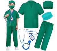 Doctor Nurse Scrubs, Kids Role Play Doctor Costume With Realistic Accessories for Boys Girls Ages 3-12(Doctor Scrubs, Dark Green/5-7T)