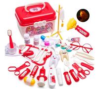 Doctor Playset Medical Kit Contains Children's Injections, Lighted play stethoscope for kids, dentist kit for kids 3-5 pretend play(30PCS) (red doctor kit)