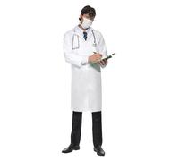 Smiffys Doctor's Costume, White with Long Coat & Mask, Hospital Fancy Dress, Adult Dress Up Costumes