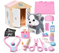 Doctors Set for Kids Wooden Vet Care Playset Electronic Interactive Dog Toys Walking Barking Wagging & Pet Home & Doctor Costume Pretend Role Play Birthday Gifts Toys for Girls 3 4 5 6 Years Old