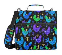 Document Binder Organizer with Shoulder Strap Laege Capacity 1.5 Inch 3 Ringing Pencil Bags Portfolio Binder Home Travel Cards Storage Container Colorful Folk Style Chicken Black Background