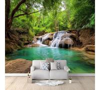 Documentary Forest Waterfall Stream Nature Wall Mural Photo Wallpaper, Green Non-Woven Feature Wall Decor for Living Room, Bedroom & Study 250 x 175 cm