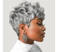 DOcute Grey Wig for Black People, Pixie Cut Wig with Bangs, Short Pixie Curly Wig for Black Women, Fluffy Pixie Wig for Women, Natural Wavy Short Grey Wig