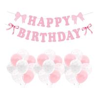 Doczen Bow Birthday Party Decorations Kit, with 24pcs Pink Bow Balloons and Happy Birthday Banner - Perfect for Girls, Baby Shower, Pink Themed Party Supplies, Coquette Decor