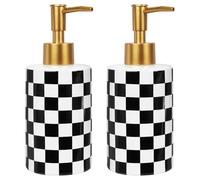 DODAMOUR 2 Pack Ceramic Soap Dispenser, 10oz Modern Checkerboard Hand Soap Dispenser Set for Bathroom Countertop, Kitchen Sink, Refillable Pump Bottle with Rust-Proof Gold Head (Black & White)