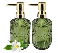 DODAMOUR 2 Pack Emerald Green Glass Soap Dispenser with Gold Pump, 450 ML Decorative Diamond Pattern Refillable Bottle for Kitchen Sink, Bathroom Countertop (2 Pcs, Green)