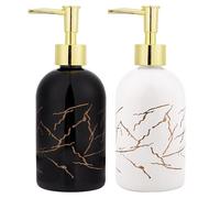 DODAMOUR 2 Pack Glass Soap Dispenser Set with Gold Pump - 14oz Refillable Liquid Hand Soap & Lotion Bottle - Black and White Marble Style Decor for Bathroom Vanity Kitchen Sink