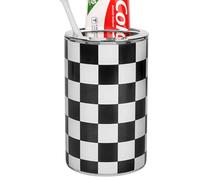 DODAMOUR Checkerboard Toothbrush Holder, Black & White Racing Flag Tumbler - Retro Vanity & Desk Cup for Makeup Brushes, Pens - Silver-Finish Rim