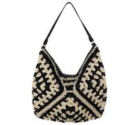 DODAMOUR Crochet Straw Shoulder Bag for Women, Large Woven Hobo Tote with Leather Strap, Black & White Pattern Beach Purse for Summer Vacation (Black Pattern)